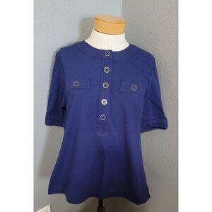 Charter Club Blouse Womens L Navy Blue‎ Henley Short Sleeve Shirt Casual Top